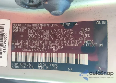 2006 Toyota Sienna Le z USA, uszkodzony, nr VIN 5TDZA23C56S540875